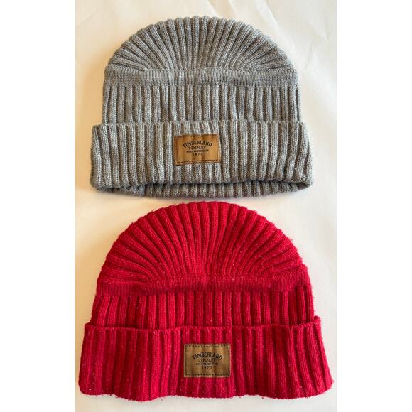 (2) Mens Timberland Ribbed Beanie Hats Red & Gray ONE SIZE - Picture 1 of 5